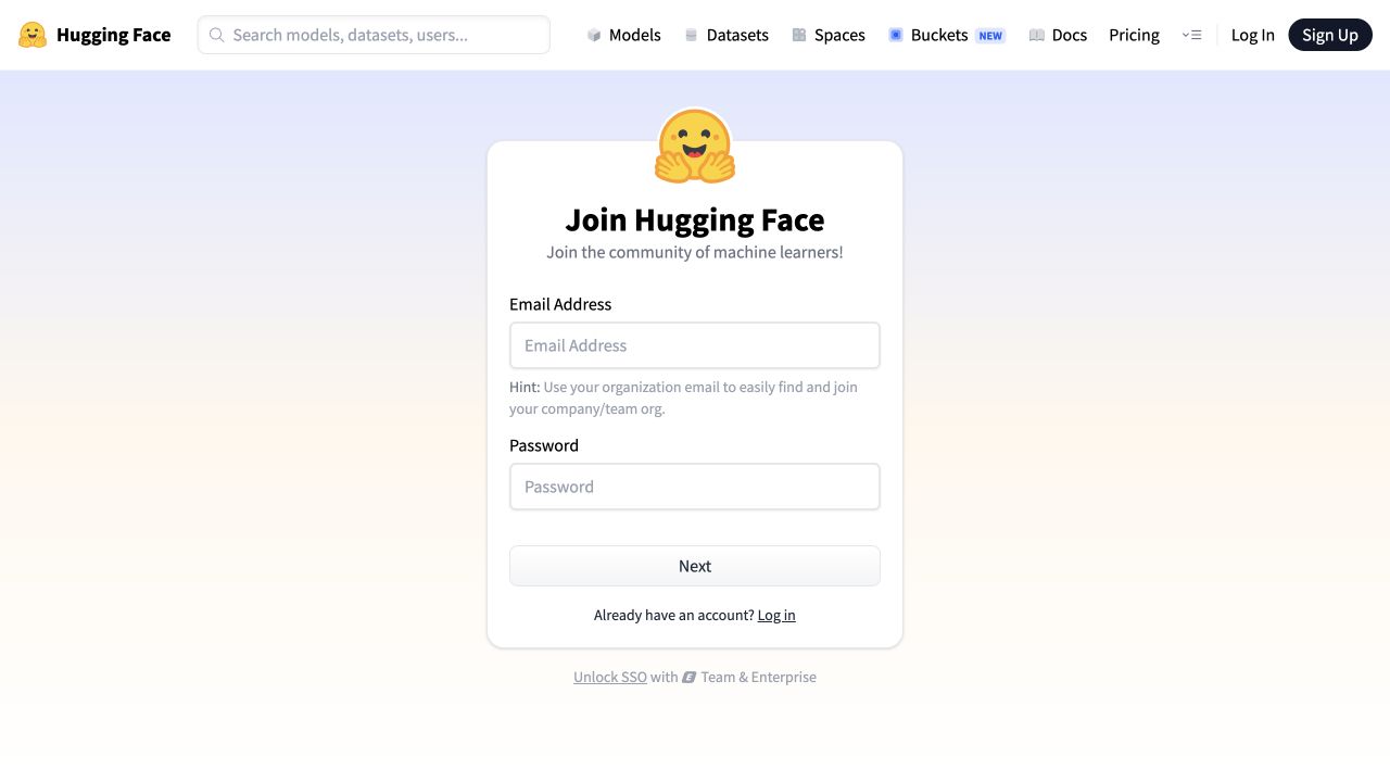 Actual Hugging Face webpage for step 01